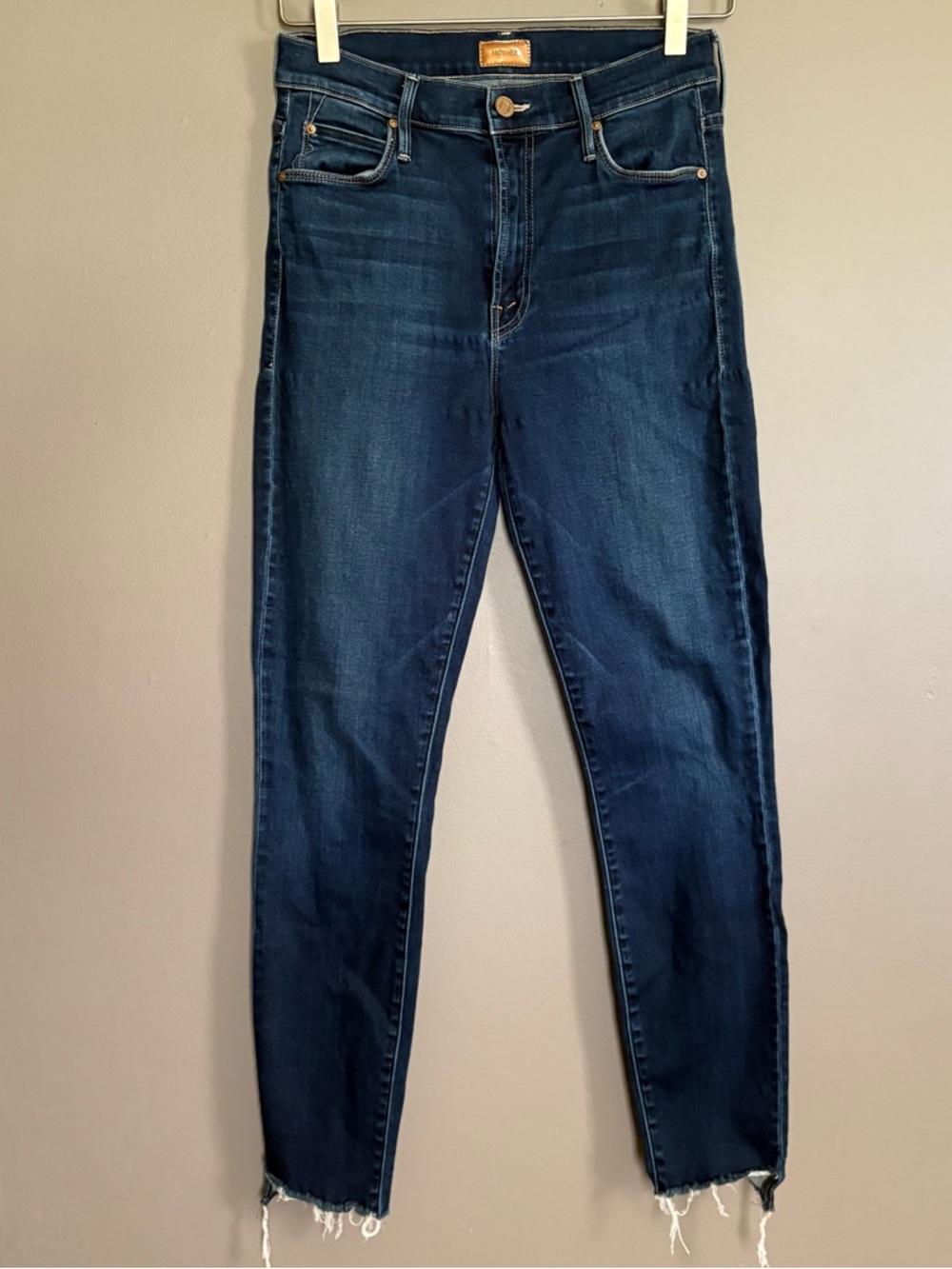 MOTHER Dark Indigo Stunner Zip Ankle Step Fray Jeans Size 28